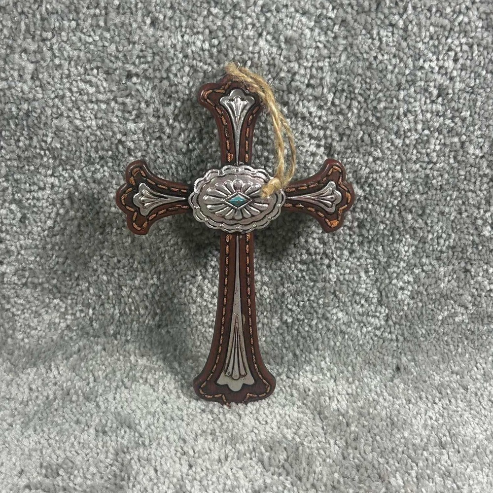 Wall Cross Brown Silver Concho Turquoise Western Home Decor